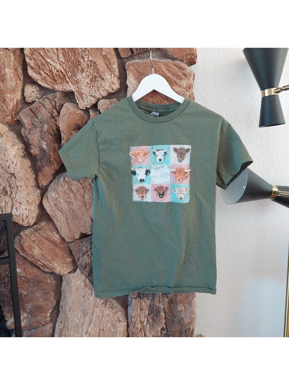 Gildan Heavy Cotton Green T-Shirt with Cute Cow Faces Graphic, Size Small